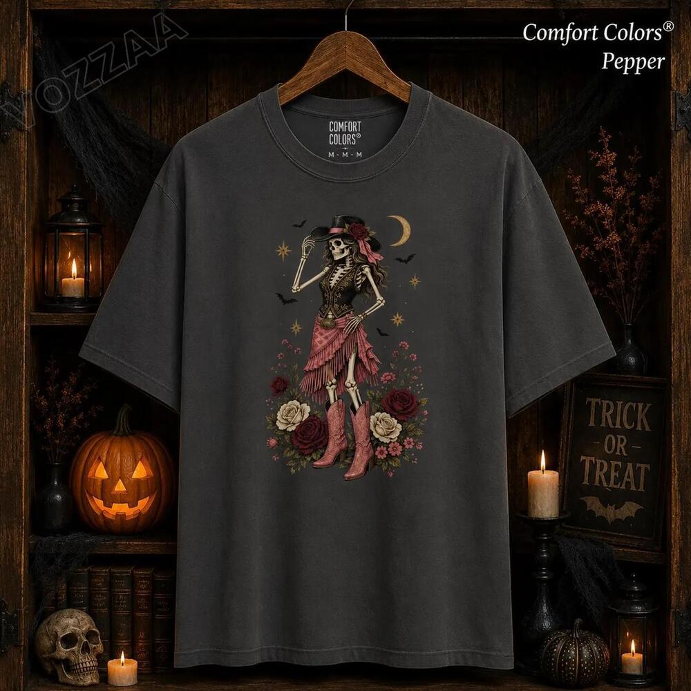 Western Skeleton T-Shirt, Cowgirl Boots, Gothic Roses, Tee